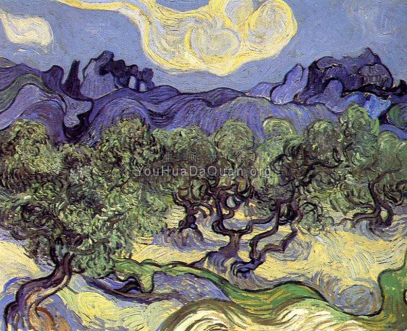 以山为背景的橄榄树丛 - 文森特·威廉·梵高